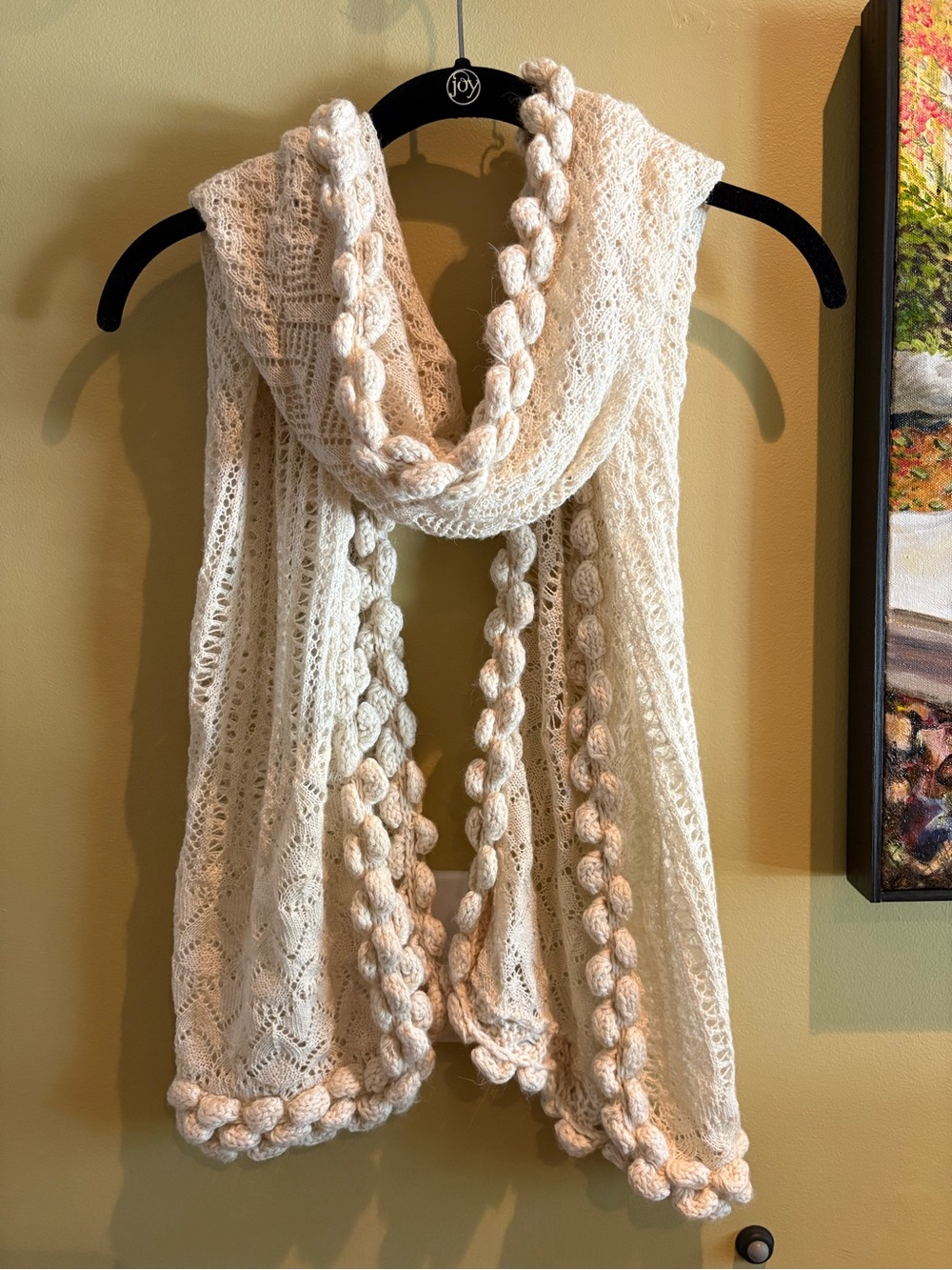 Ladies Hand knit Baby Alpaca ivory knit scarf